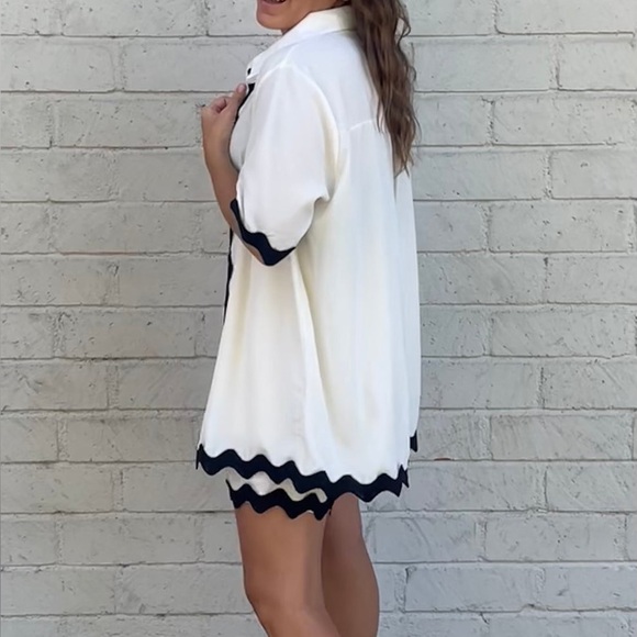 Cream and Black Wavy Trim Two-Piece Button Down & Shorts Set - Picture 3 of 4